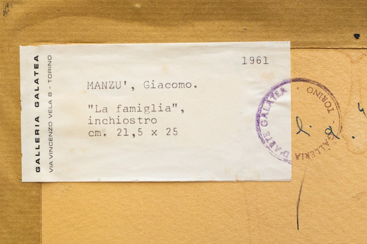 Dessin à l'encre sur papier, "La famille", par Giacomo Manzù, signé, 1961-photo-4