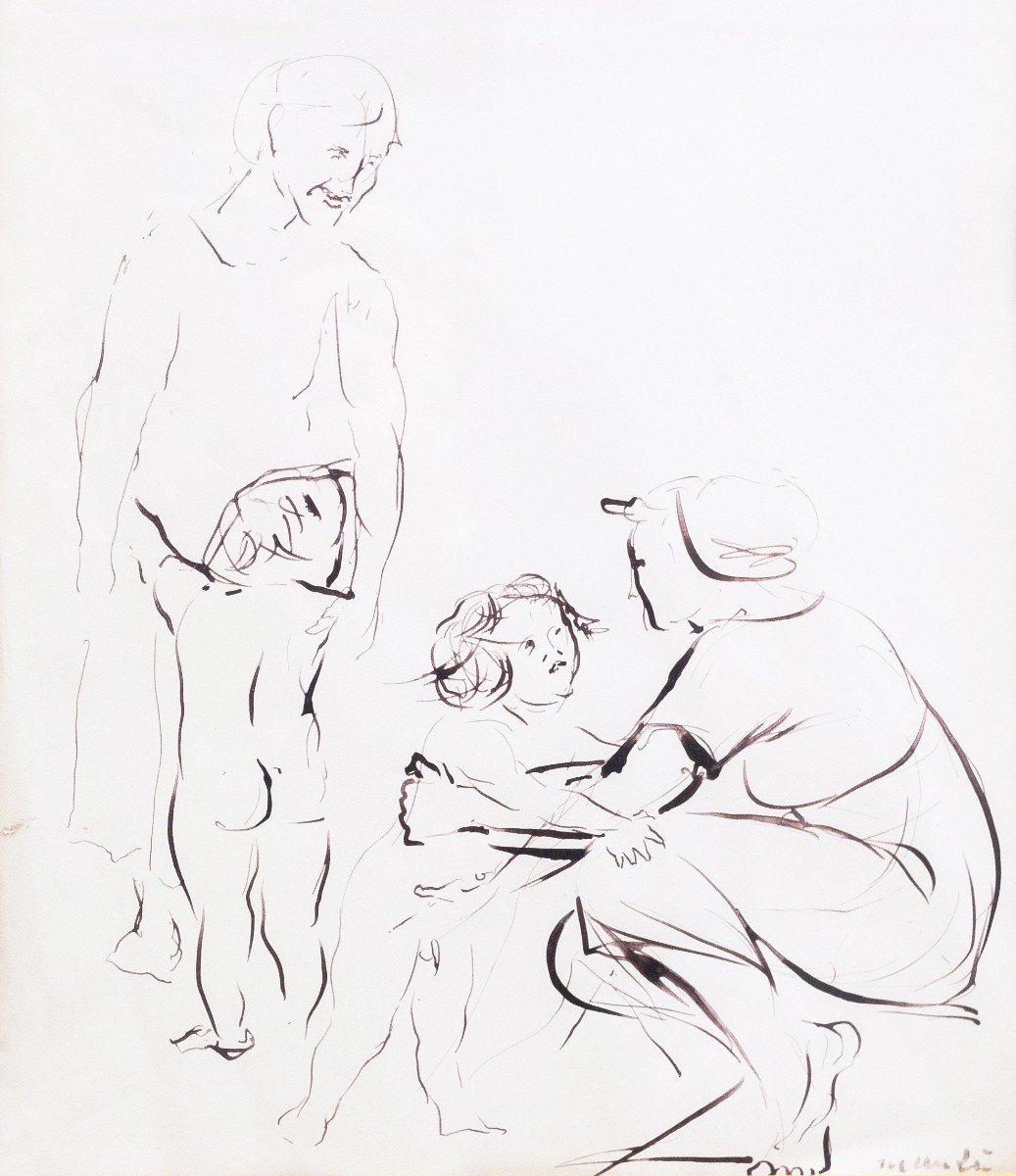Dessin à l'encre sur papier, "La famille", par Giacomo Manzù, signé, 1961