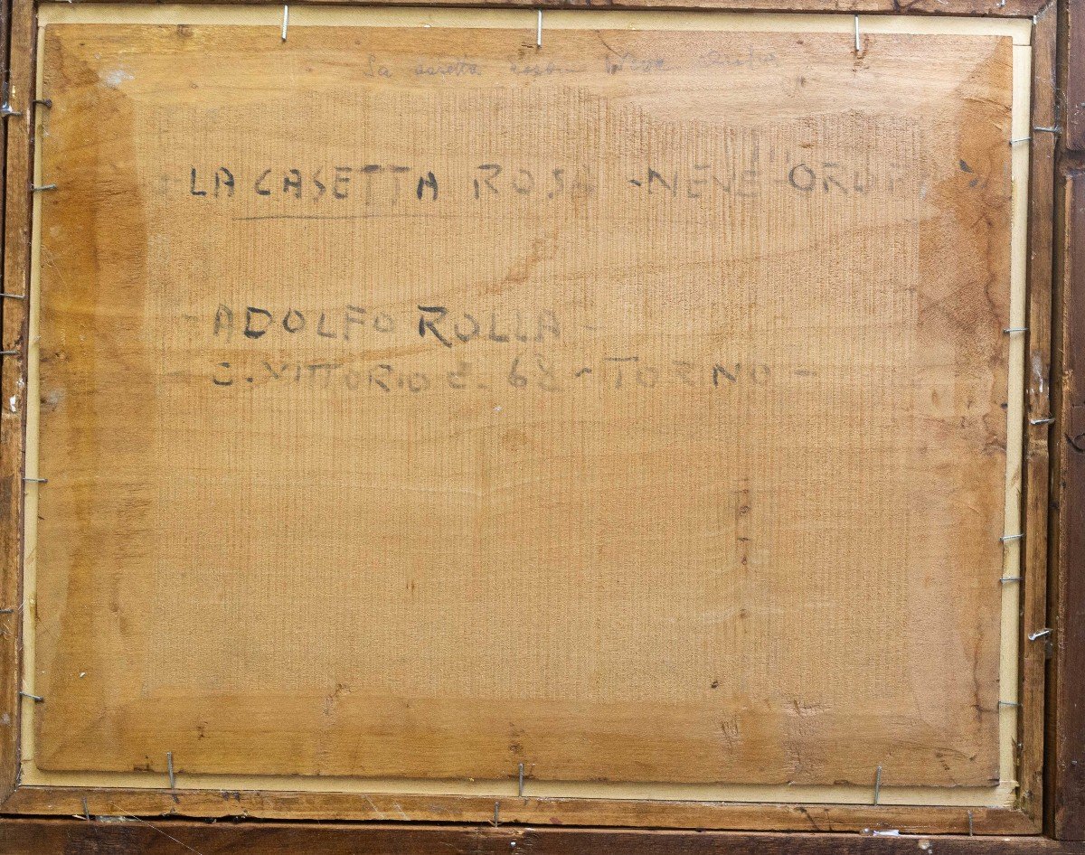 Olio su tavoletta, di Adolfo Rolla, "La casetta rosa", Oropa, firmato, Epoca '900-photo-4