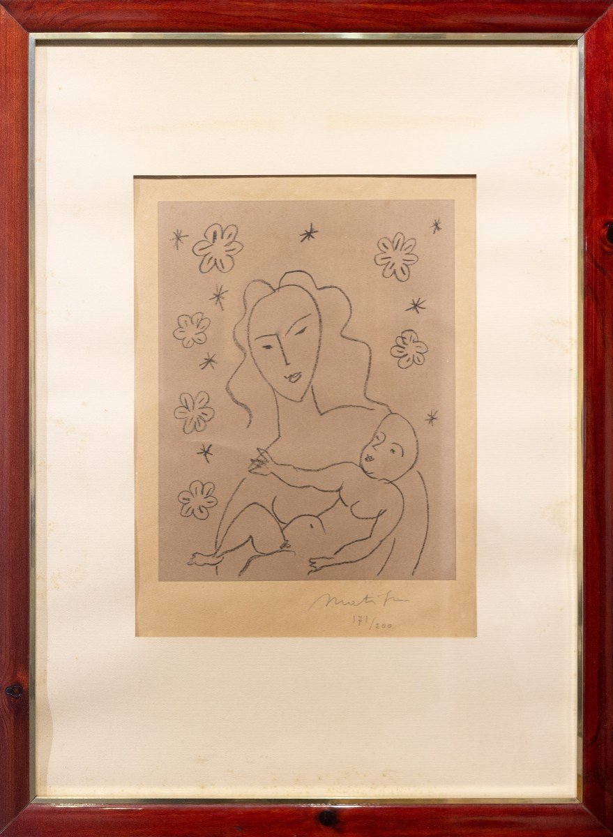  Henri Matisse, Litografia,  "Vierge et Enfant sur fond de fleurs et d’étoiles", datato 1920-photo-4