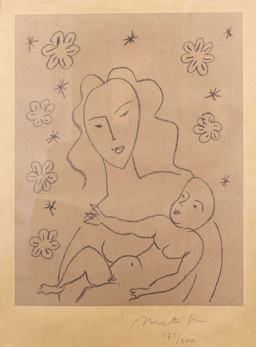  Henri Matisse, Litografia,  "Vierge et Enfant sur fond de fleurs et d’étoiles", datato 1920