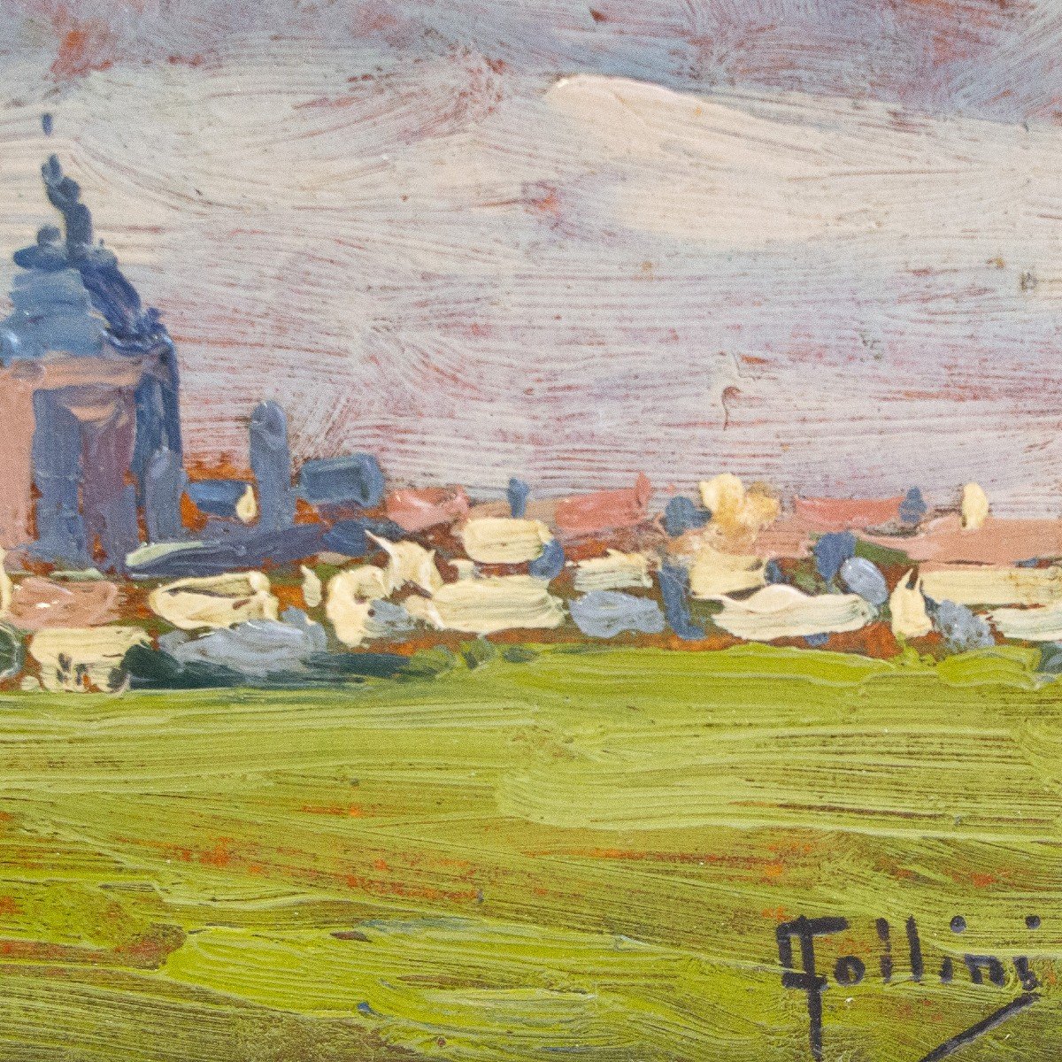 Carlo Follini "Paesaggio", olio su cartone, firmato, Epoca Primi '900-photo-5