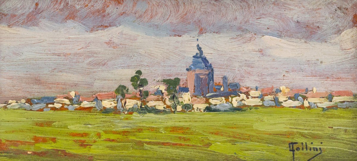 Carlo Follini "Paesaggio", olio su cartone, firmato, Epoca Primi '900