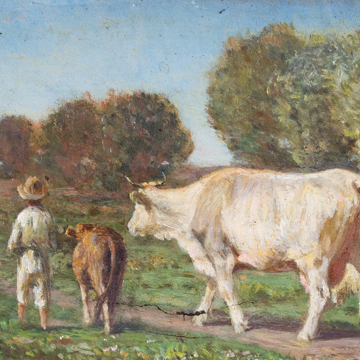 Antonio Milone, "Al Pascolo", olio su tavola, firmato, Epoca Metà '800-photo-6