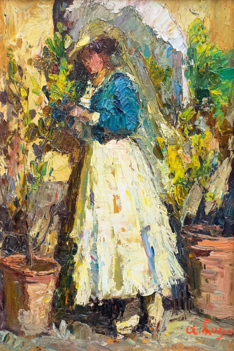 Alessandro Lupo, olio su tavola "Ragazza in Giardino", firmato, Epoca '900