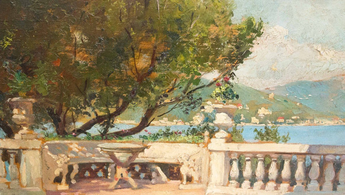 Alberto Rossi, olio su tavola, "Terrazza sul Lago Maggiore", firmato, 1920-photo-4