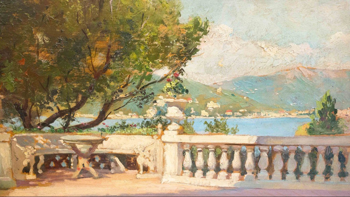 Alberto Rossi, olio su tavola, "Terrazza sul Lago Maggiore", firmato, 1920-photo-7