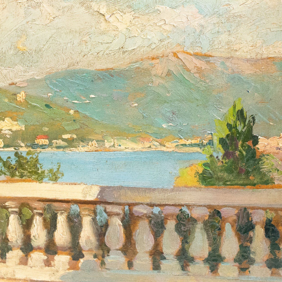 Alberto Rossi, olio su tavola, "Terrazza sul Lago Maggiore", firmato, 1920-photo-8