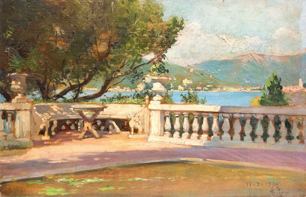 Alberto Rossi, olio su tavola, "Terrazza sul Lago Maggiore", firmato, 1920