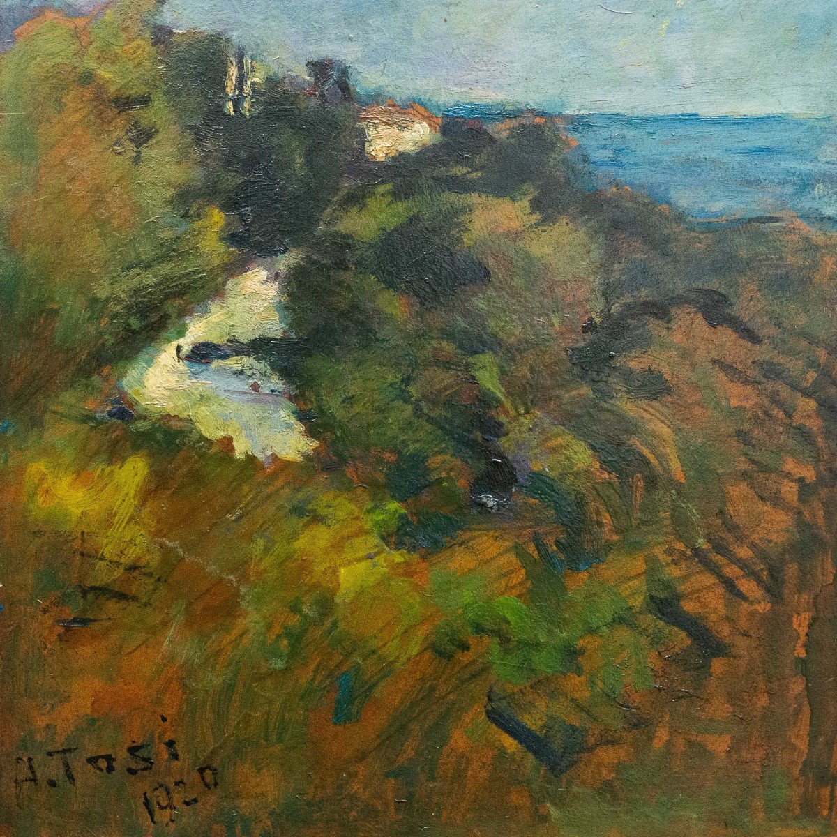 Arturo Tosi, olio su cartone  "Paesaggio", firmato, 1920-photo-5