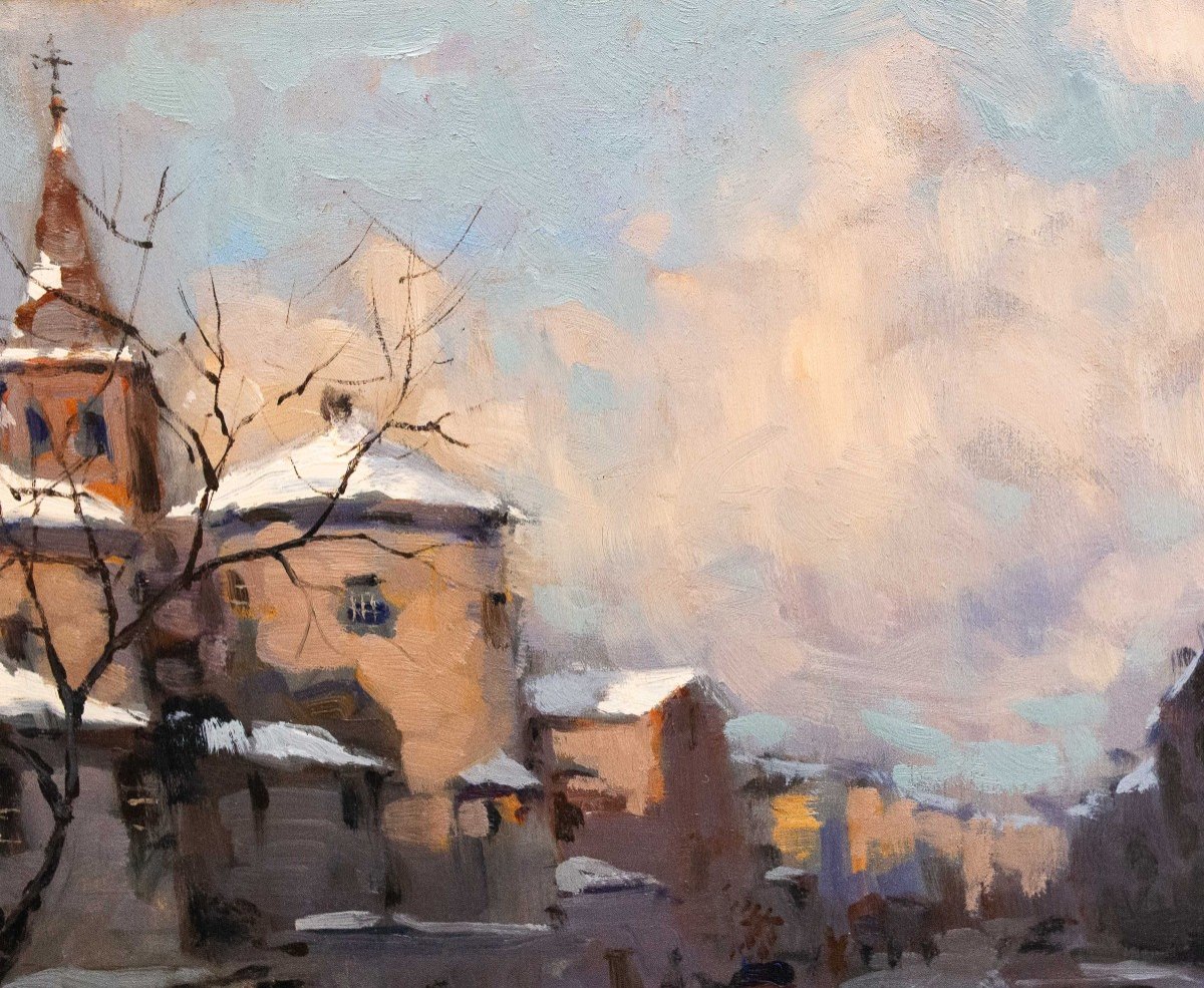 Ivan Karpoff,  "Neve in città", olio su tavola, firmato, Epoca '900-photo-3