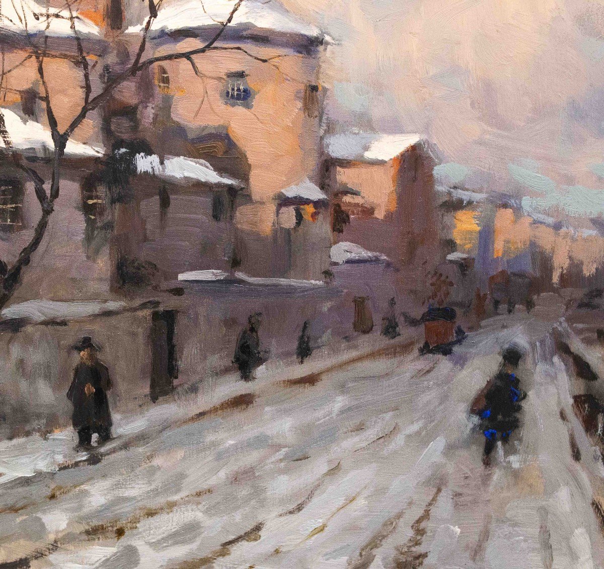 Ivan Karpoff,  "Neve in città", olio su tavola, firmato, Epoca '900-photo-5