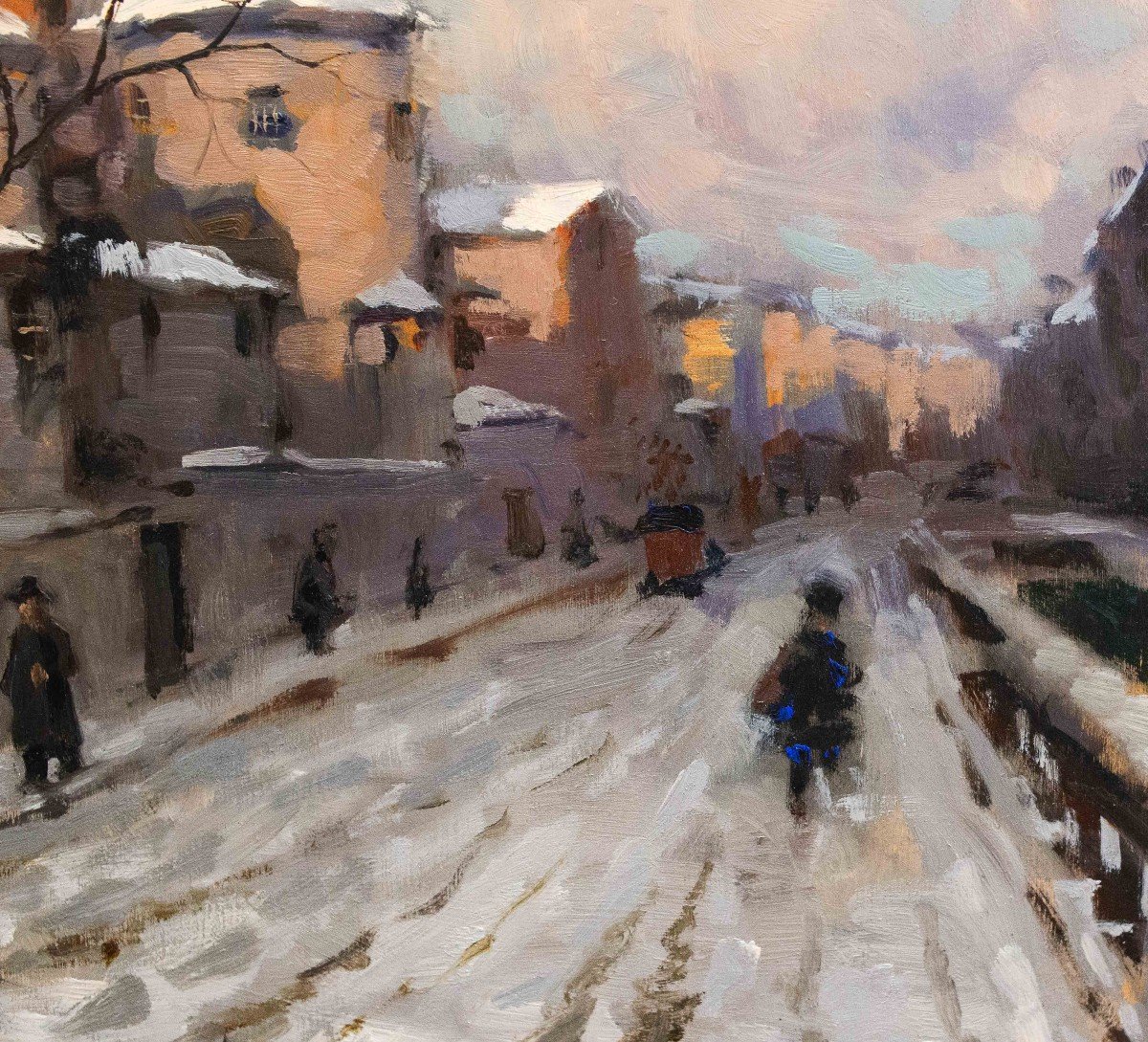 Ivan Karpoff,  "Neve in città", olio su tavola, firmato, Epoca '900-photo-6