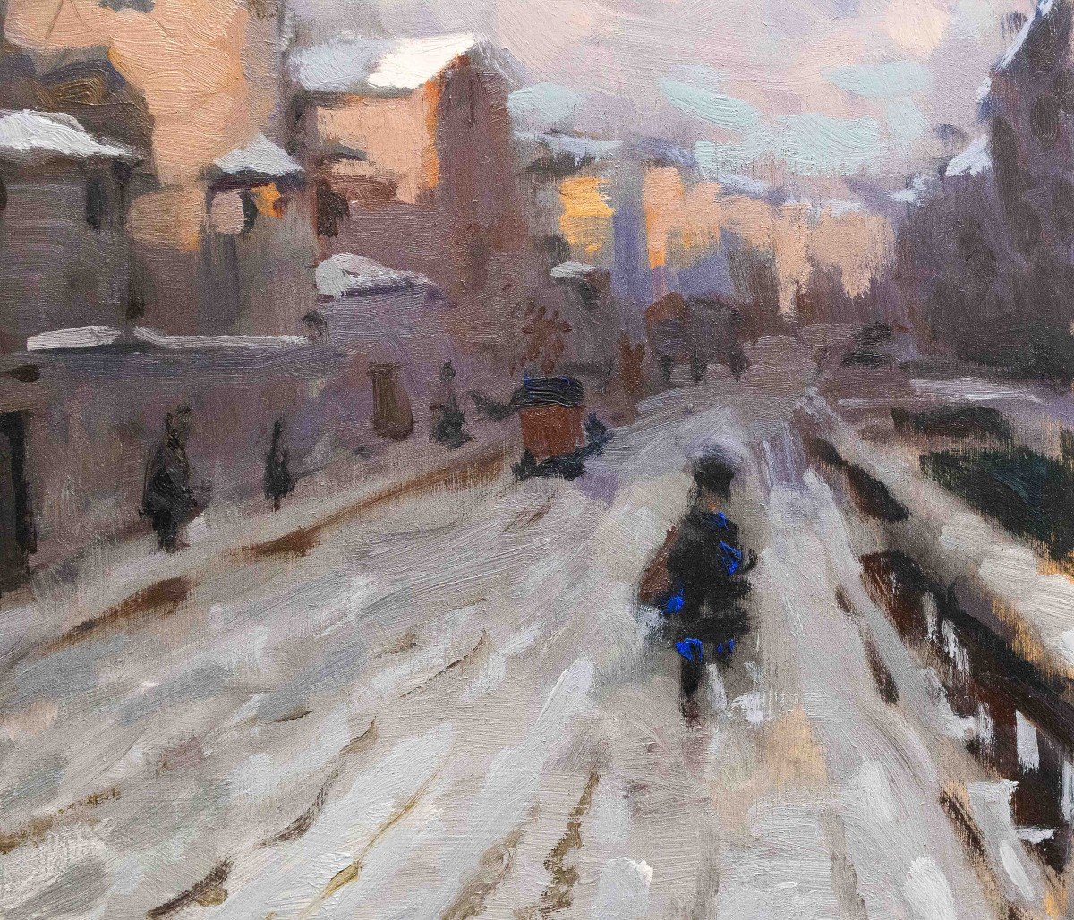 Ivan Karpoff,  "Neve in città", olio su tavola, firmato, Epoca '900-photo-7