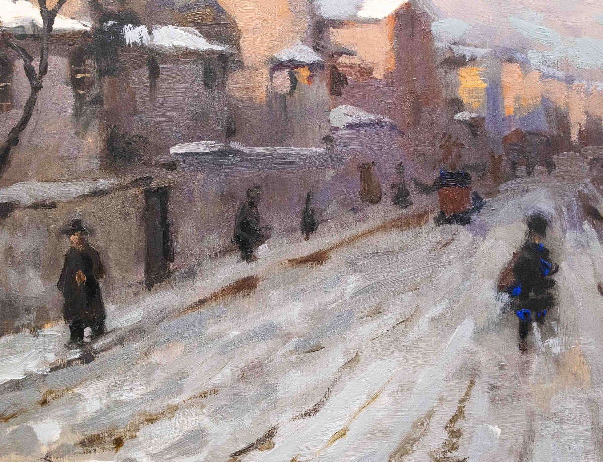 Ivan Karpoff,  "Neve in città", olio su tavola, firmato, Epoca '900-photo-8