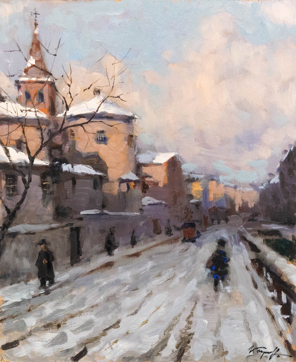 Ivan Karpoff,  "Neve in città", olio su tavola, firmato, Epoca '900