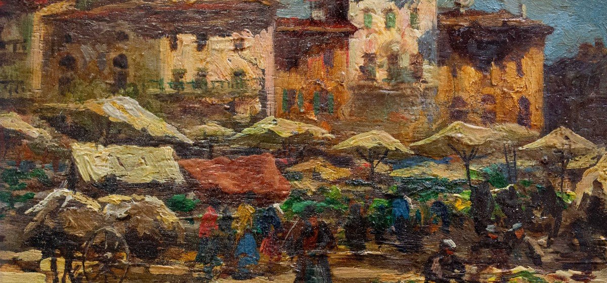 Leonardo Roda, "Scena di Mercato", olio su tavola, firmato, Primi '900-photo-3