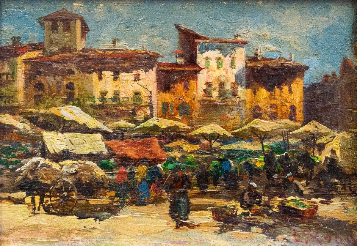 Leonardo Roda, "Scena di Mercato", olio su tavola, firmato, Primi '900