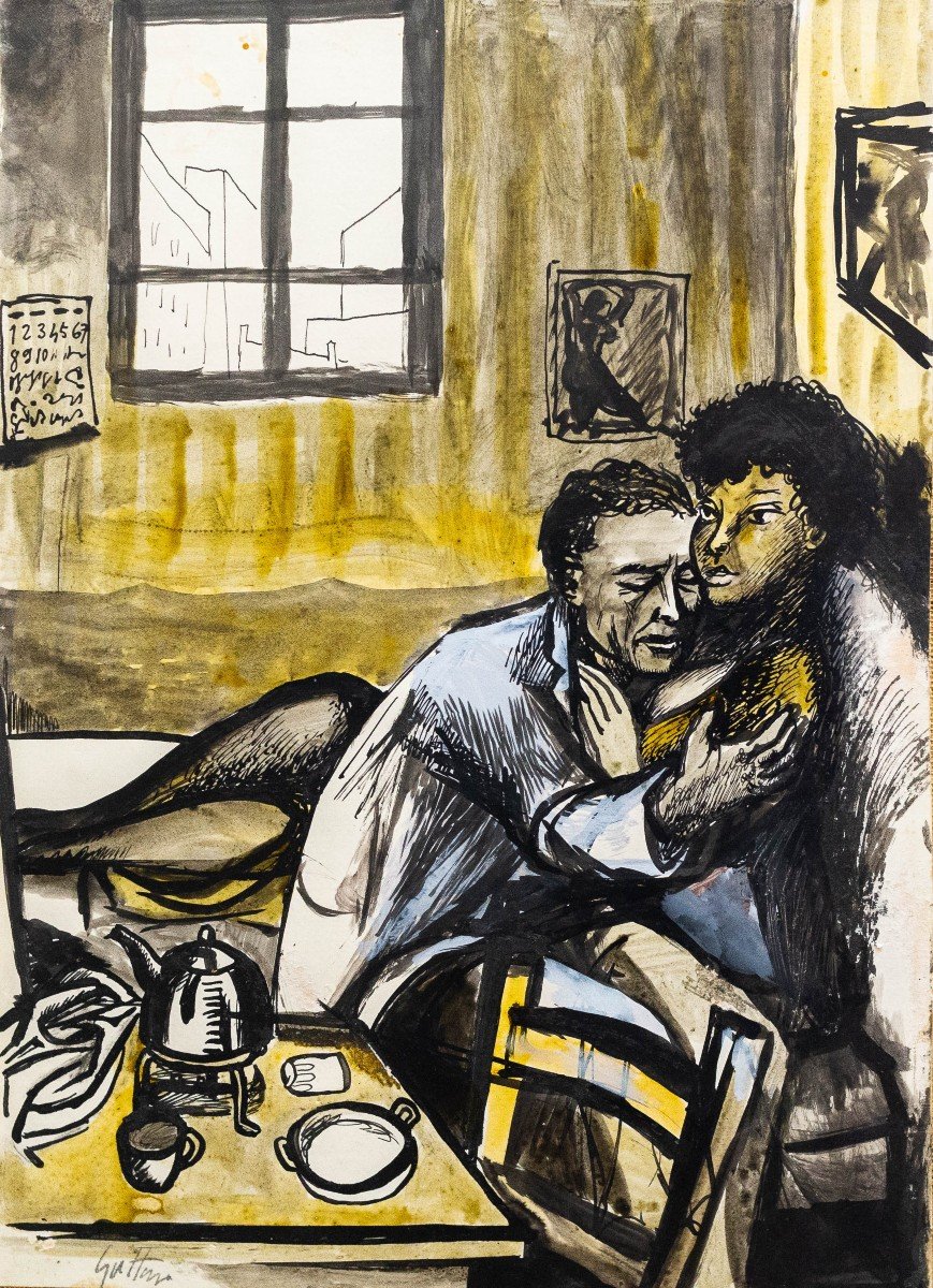 Renato Guttuso, "Amanti", gouache su carta intelata, firmato, 1960-photo-3