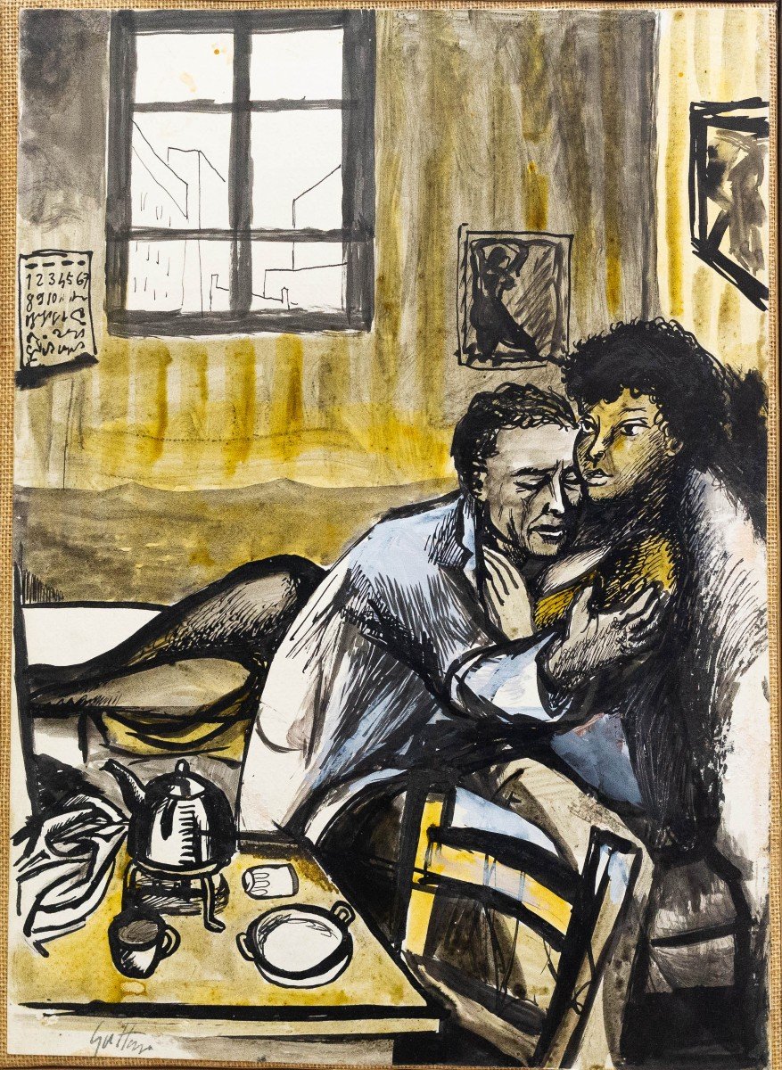 Renato Guttuso, "Amanti", gouache su carta intelata, firmato, 1960