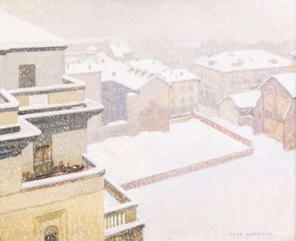 Enzo Gazzone, "Nevicata a Vercelli", olio su tavola, Epoca '900-photo-1