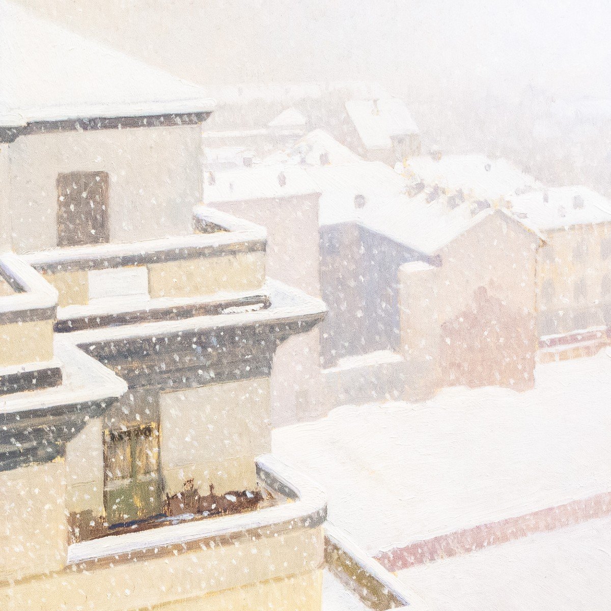 Enzo Gazzone, "Nevicata a Vercelli", olio su tavola, Epoca '900-photo-2