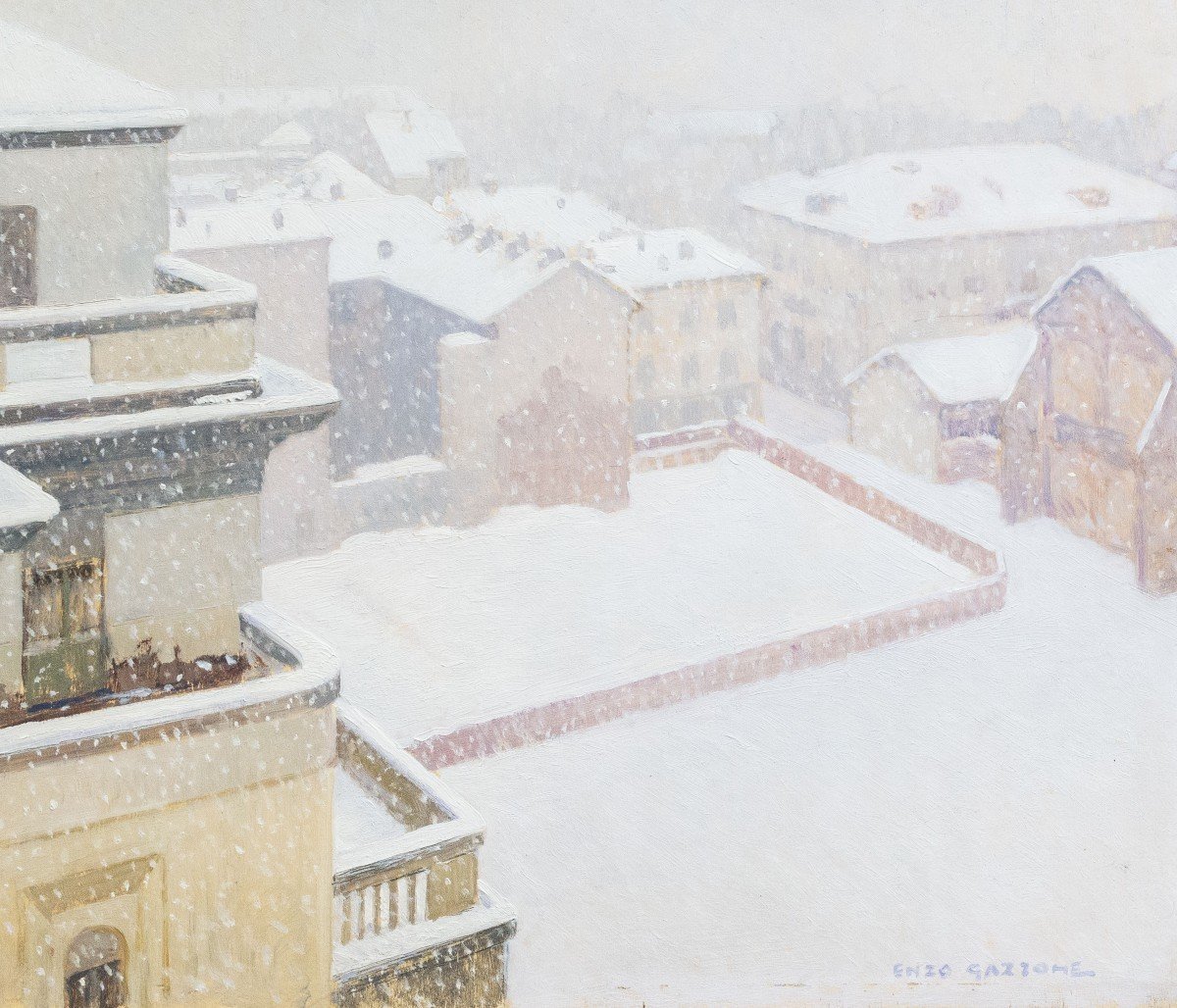 Enzo Gazzone, "Nevicata a Vercelli", olio su tavola, Epoca '900-photo-3