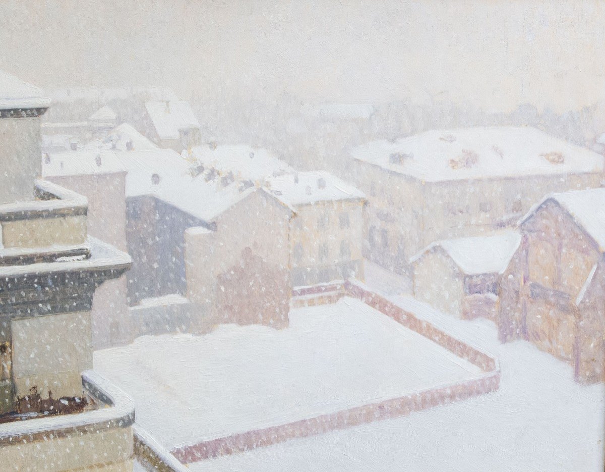 Enzo Gazzone, "Nevicata a Vercelli", olio su tavola, Epoca '900-photo-4