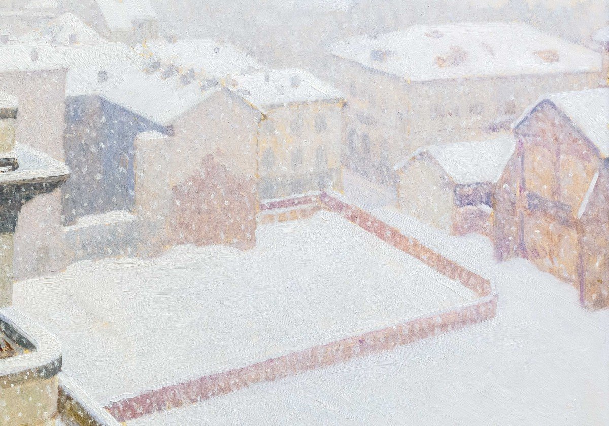 Enzo Gazzone, "Nevicata a Vercelli", olio su tavola, Epoca '900-photo-7