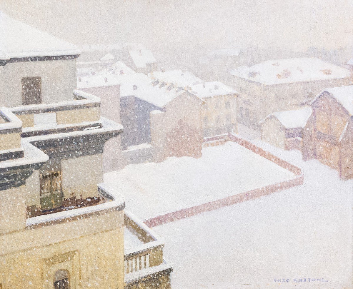 Enzo Gazzone, "Nevicata a Vercelli", olio su tavola, Epoca '900