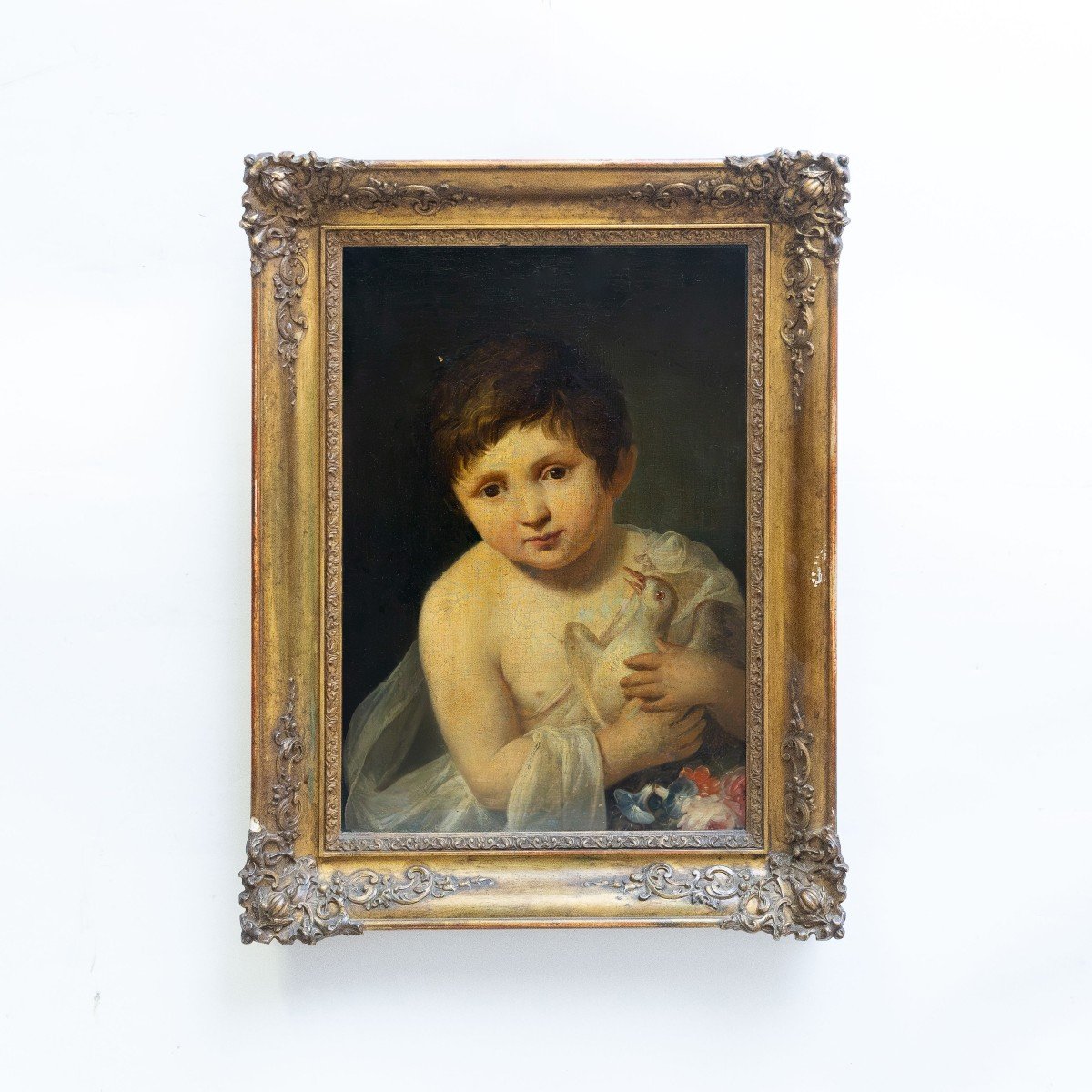 Artista Del XIX Secolo, olio su tela, "Bambino con colomba"-photo-3