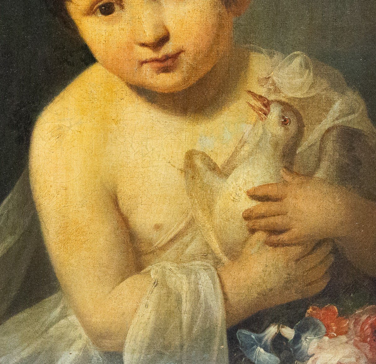 Artista Del XIX Secolo, olio su tela, "Bambino con colomba"-photo-4