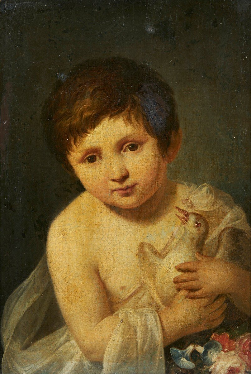Artista Del XIX Secolo, olio su tela, "Bambino con colomba"