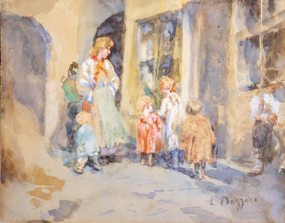 Leonardo Bazzaro (1853 - 1937), "Fuori da scuola", acquerello, firmato, Primi '900