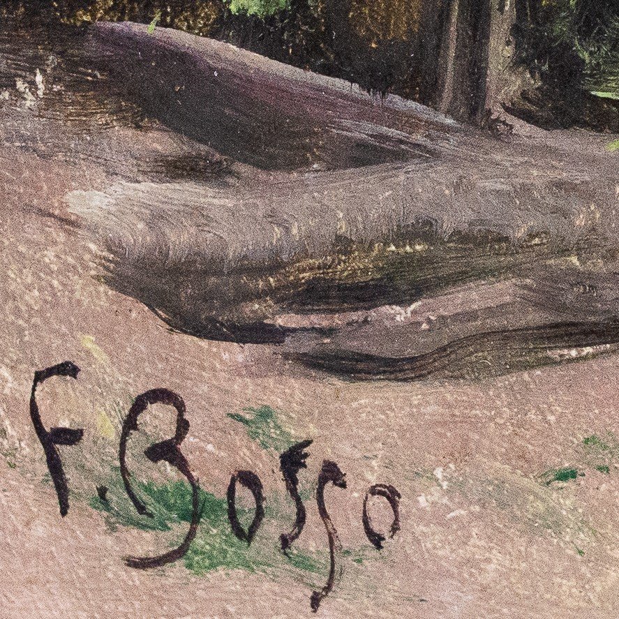 Francesco Bosso, olio su cartone, firmato, "Nel Giardino",  1917-photo-2