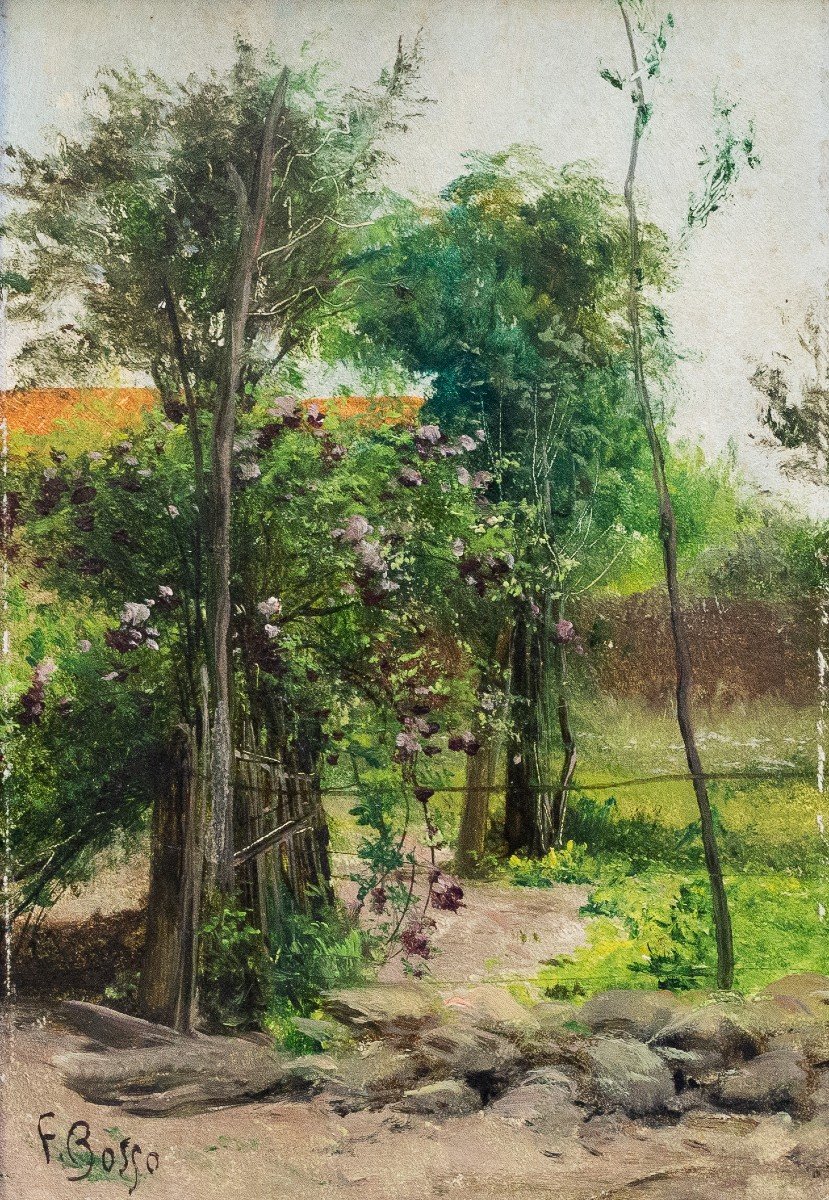 Francesco Bosso, olio su cartone, firmato, "Nel Giardino",  1917