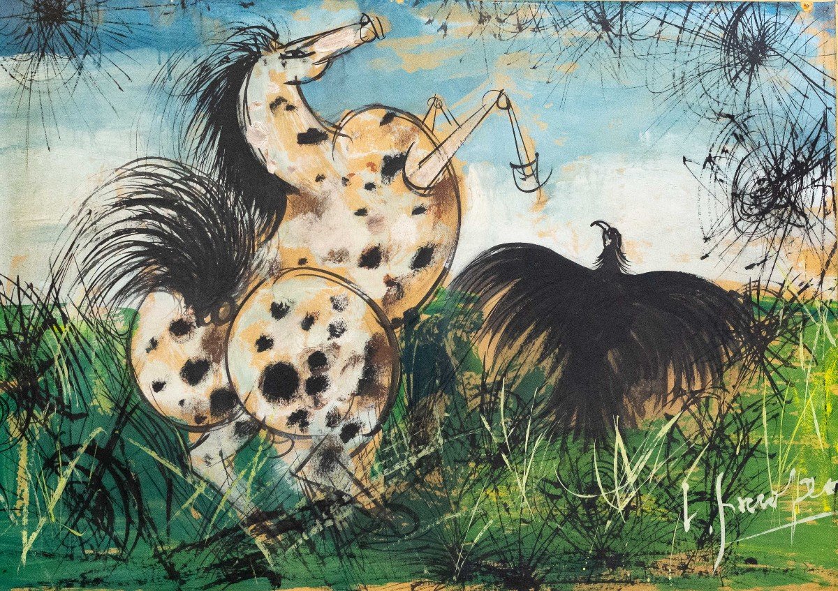 Luigi Spazzapan,"Animali in lotta", tempera su cartone, Prima metà del '900