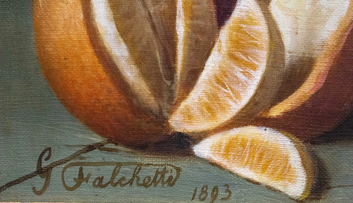 Giuseppe Falchetti, olio su tela, "Natura Morta con frutta", firmato, 1893-photo-2