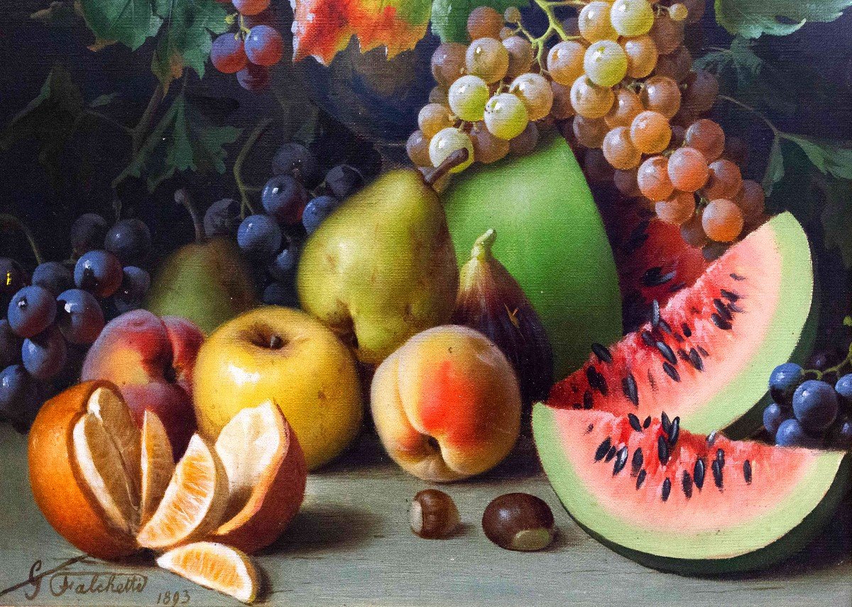 Giuseppe Falchetti, olio su tela, "Natura Morta con frutta", firmato, 1893-photo-3