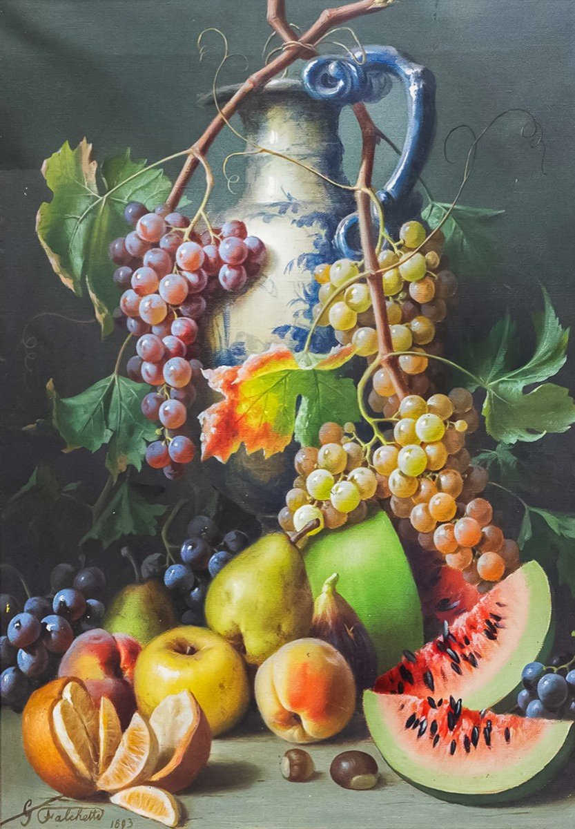 Giuseppe Falchetti, olio su tela, "Natura Morta con frutta", firmato, 1893