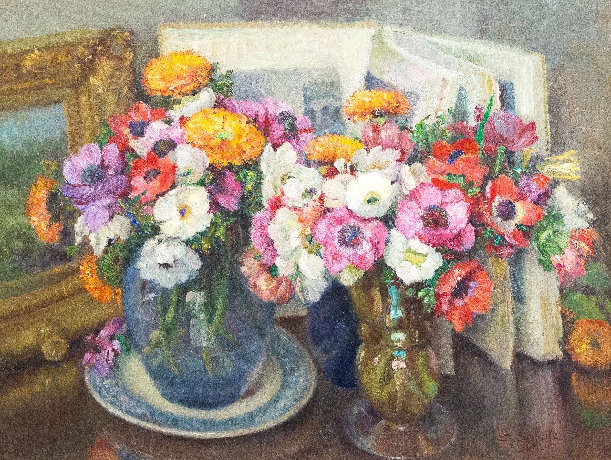 Giuseppe Sobrile, "Vasi di Fiori", olio su cartone pressato, firmato, 1952