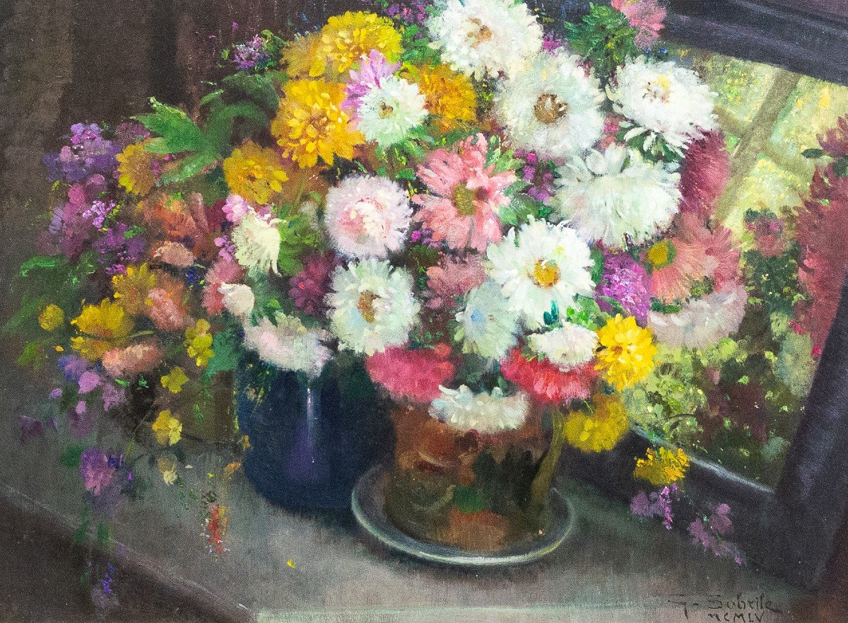 Giuseppe Sobrile, "Vasi di Fiori con specchio", olio su cartone pressato, firmato, 1955