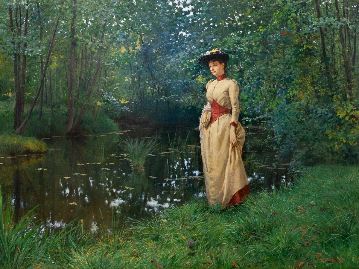 Carlo Pollonera, olio su tela, "La Quiete", firmato, 1890