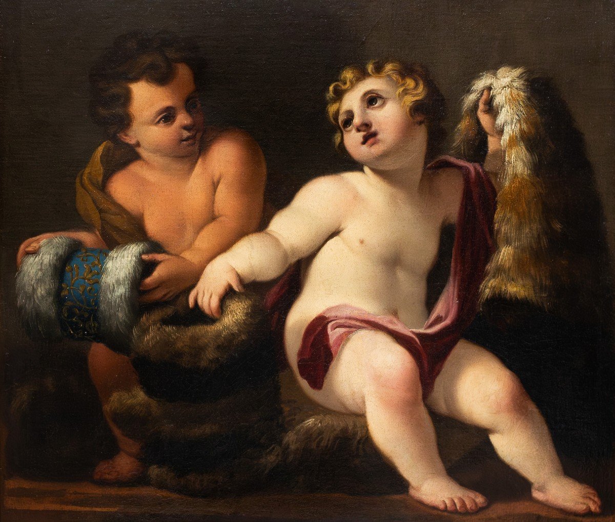 Antico dipinto, "Putti", olio su tela, Epoca '700