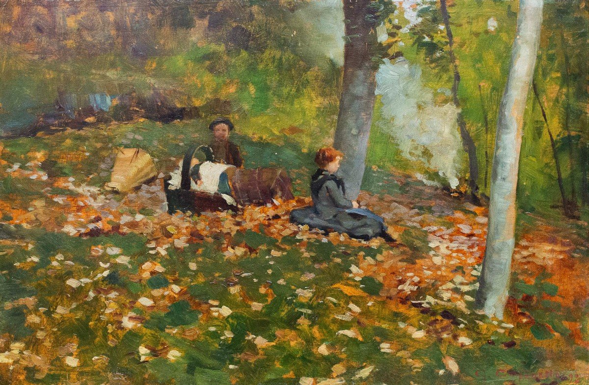 Giovanni Carpanetto, "Nel Bosco d'Ottobre", olio su tavola, firmato, 1892