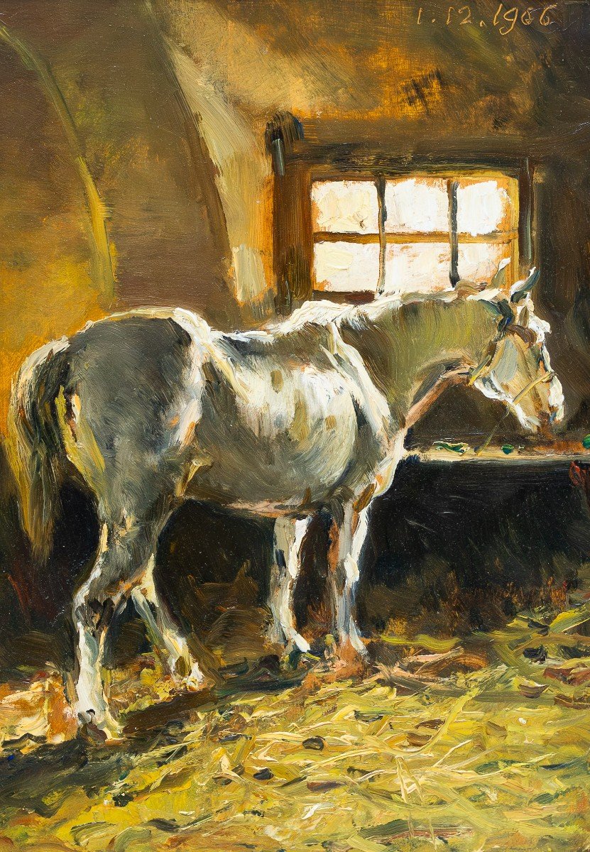 Lorenzo Delleani, olio su tavola, "Cavallo in scuderia", 1906