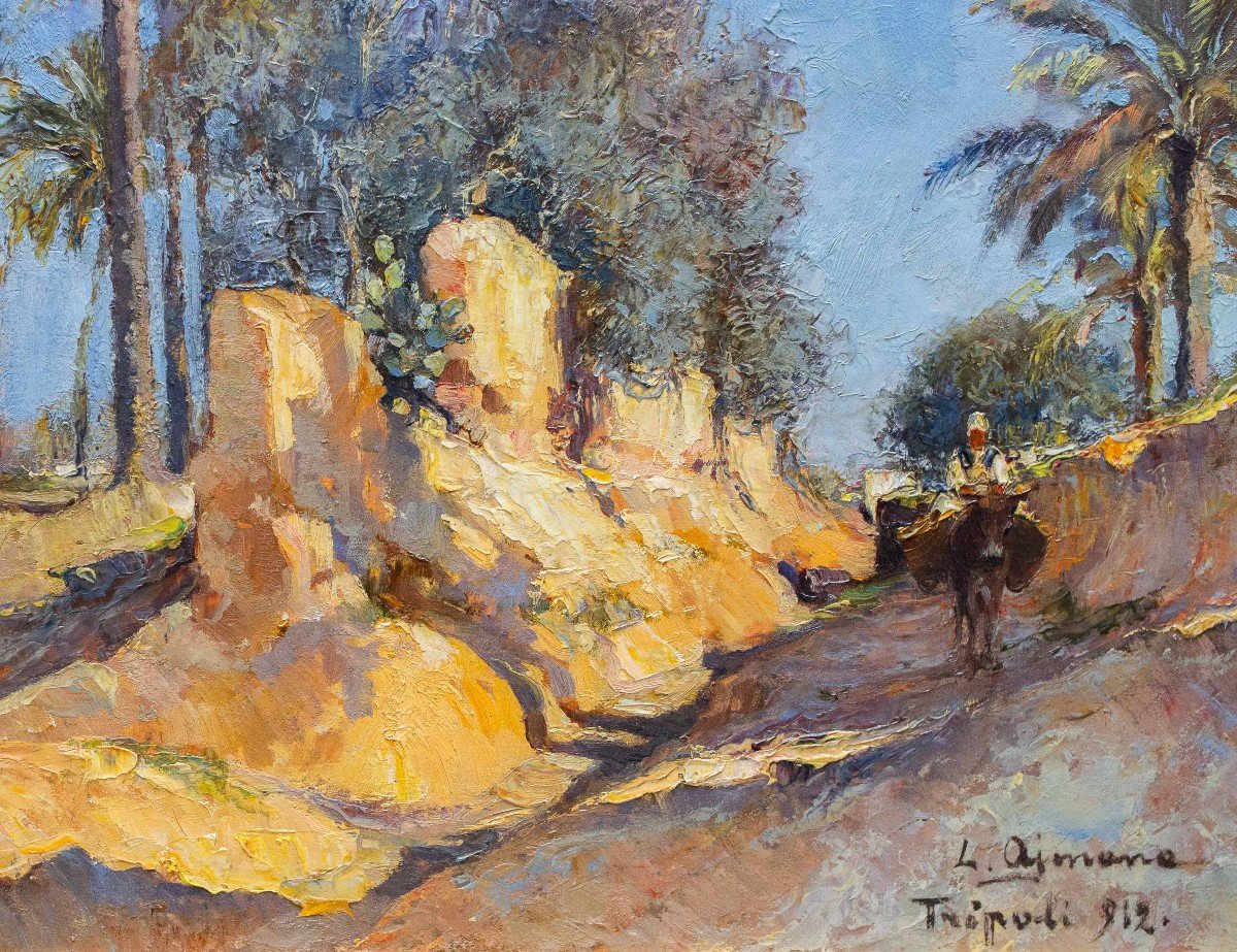 Olio su tavola, di Lidio Ajmone, "Tripoli", firmato, 1912-photo-1