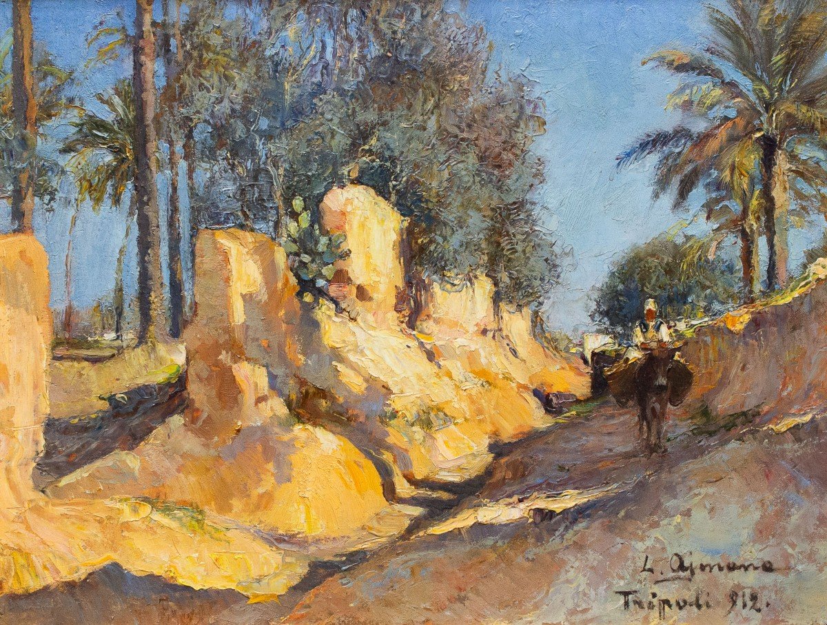 Olio su tavola, di Lidio Ajmone, "Tripoli", firmato, 1912