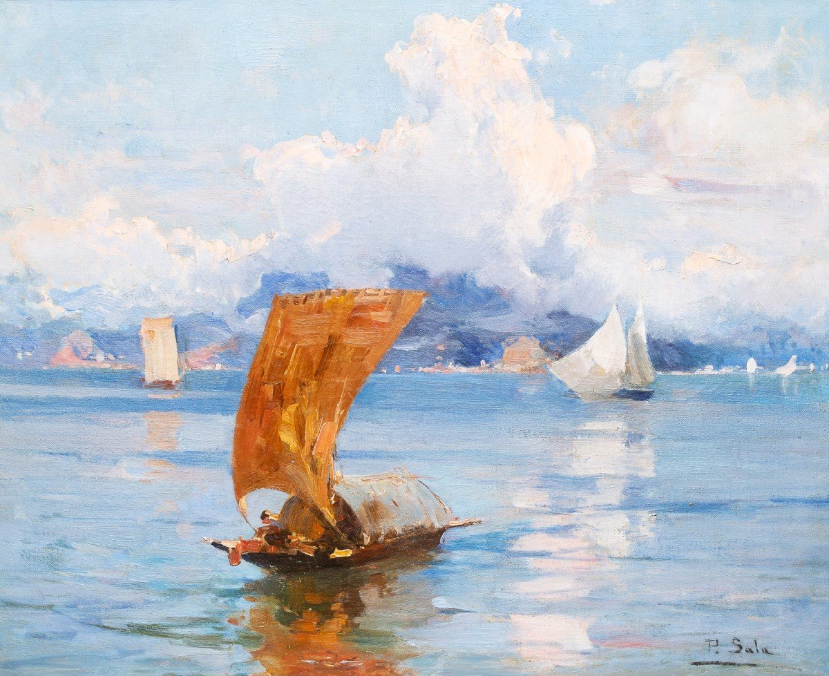 Paolo Sala, "Marina Ligure", olio su tela, firmato, Primi '900