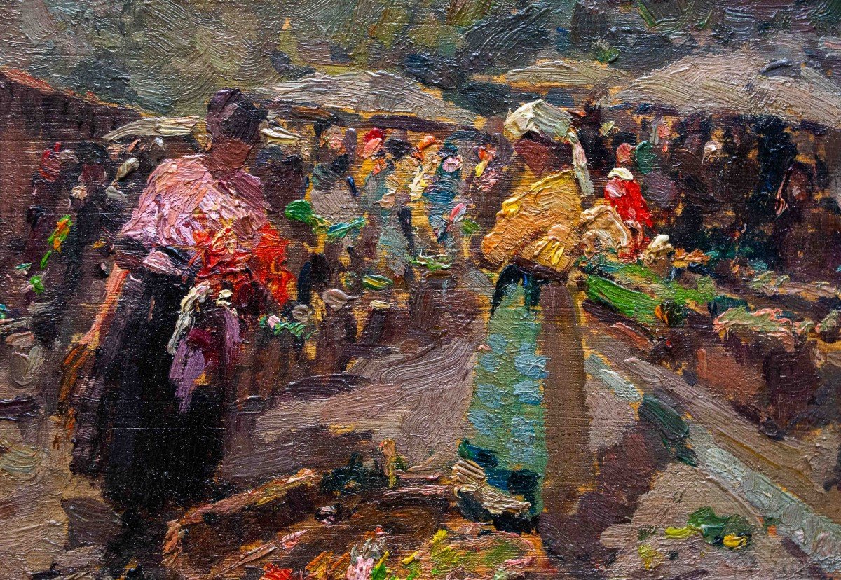 Olio su tavola, di Alessandro Lupo, "Mercato a Torino", firmato al retro, 1915-photo-2